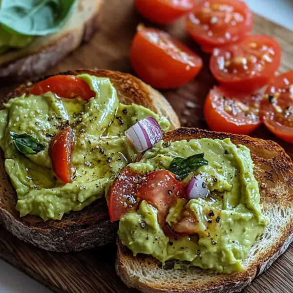 Geröstetes Brot mit Avocadobutter und Tomatensalat