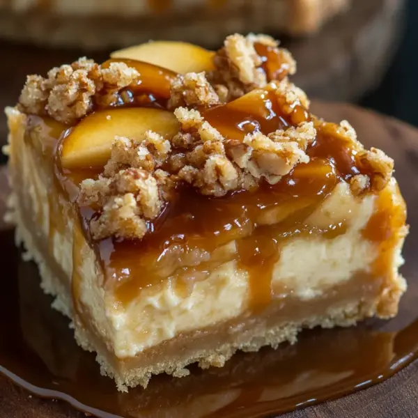 Apfel-Cheesecake mit Walnuss-Streuseln und Karamellsauce
