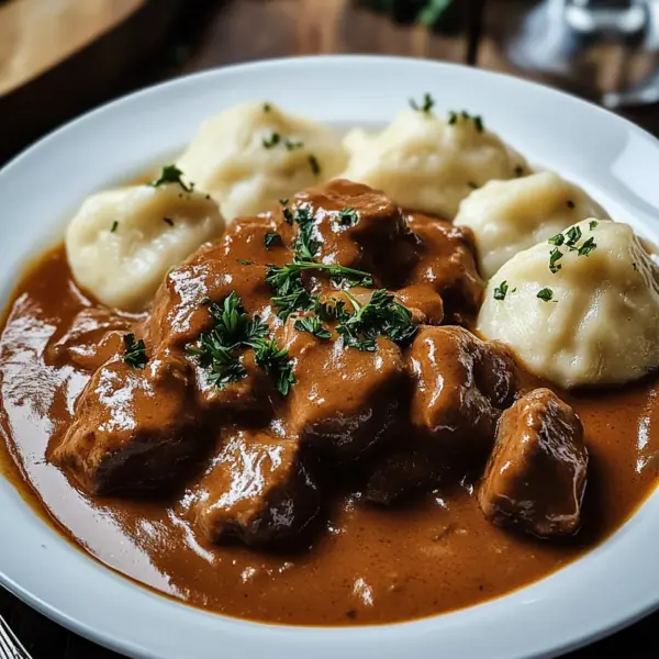 Butterzartes Rahmgulasch mit Serviettenknödel