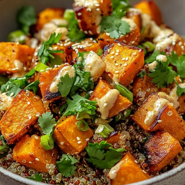 Gerösteter Süßkartoffel-Quinoa-Salat mit Sesam-Miso-Sauce