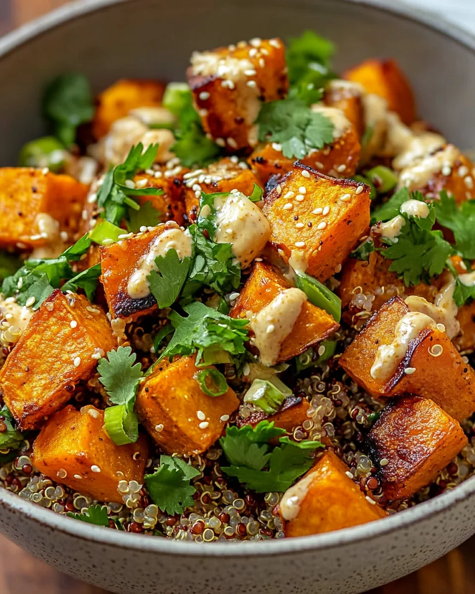 Gerösteter Süßkartoffel-Quinoa-Salat mit Sesam-Miso-Sauce