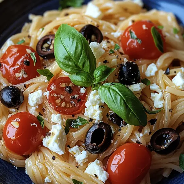 Griechische Reisnudeln mit Tomaten, Feta und Oliven