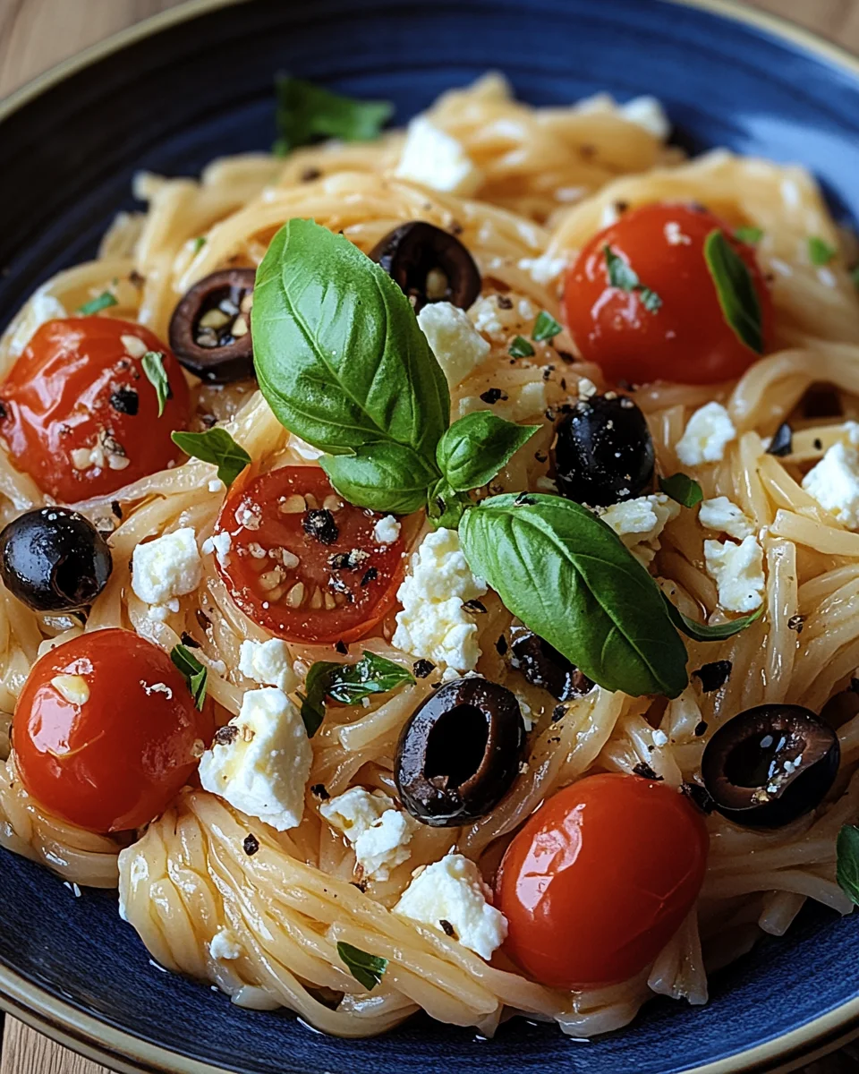 Griechische Reisnudeln mit Tomaten, Feta und Oliven