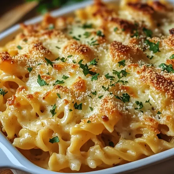 Knuspriger Nudel-Hähnchen-Auflauf mit Knoblauch und Parmesan