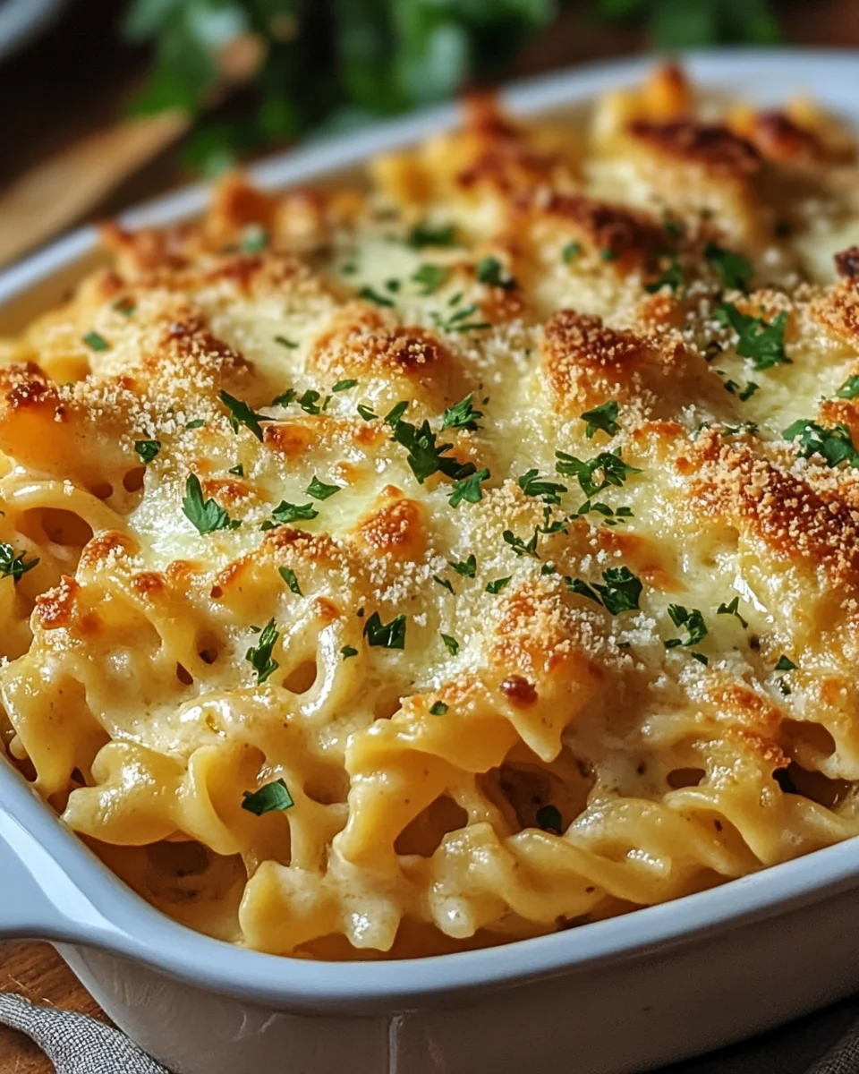 Knuspriger Nudel-Hähnchen-Auflauf mit Knoblauch und Parmesan