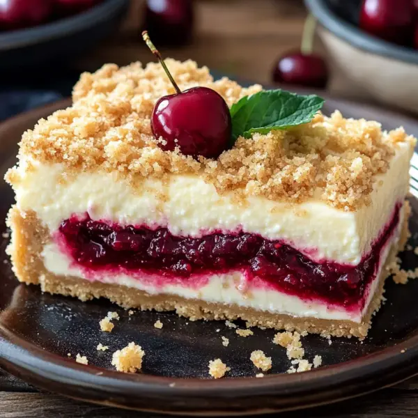 Saftiger Käsekuchen mit Kirschen und Streuseln