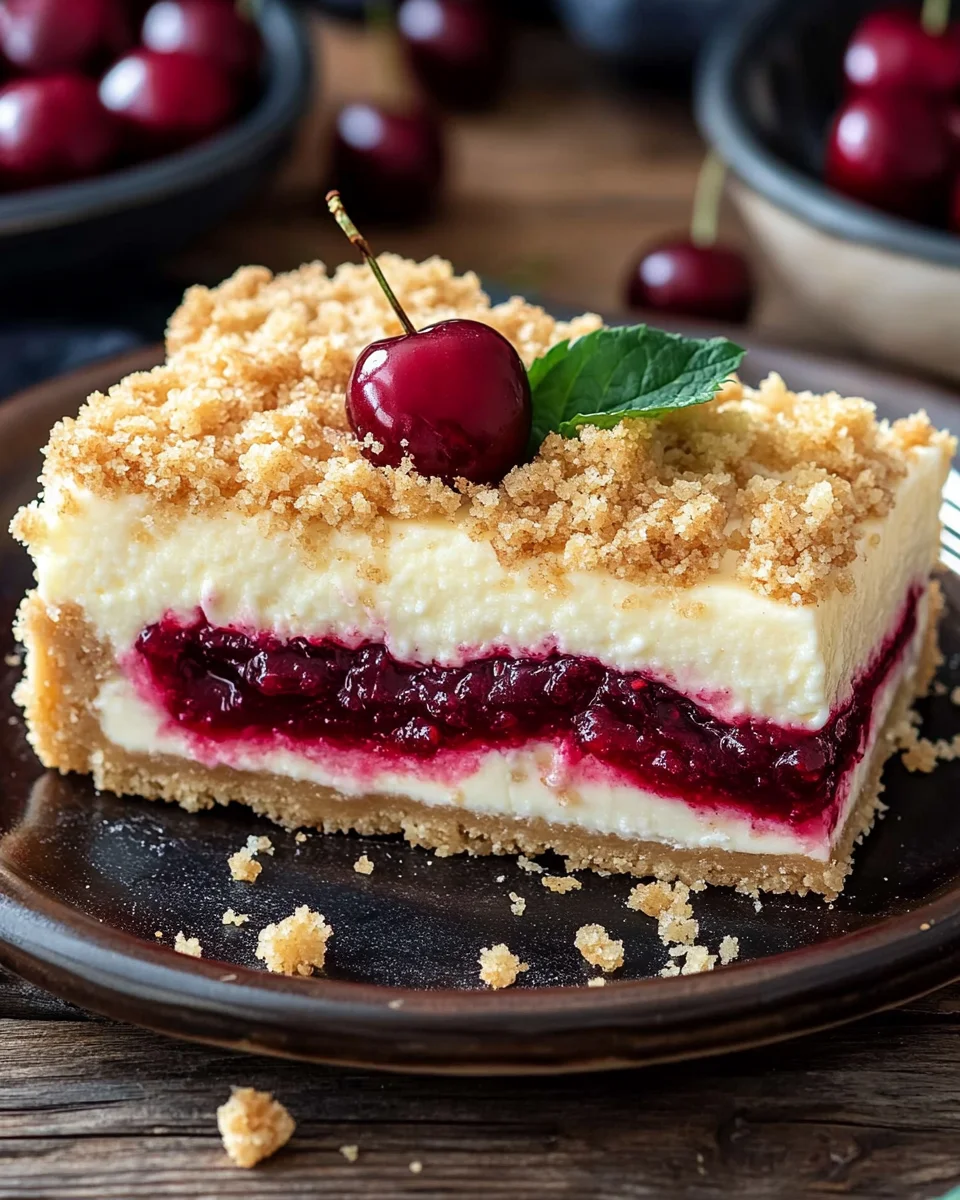 Saftiger K&auml;sekuchen mit Kirschen und Streuseln