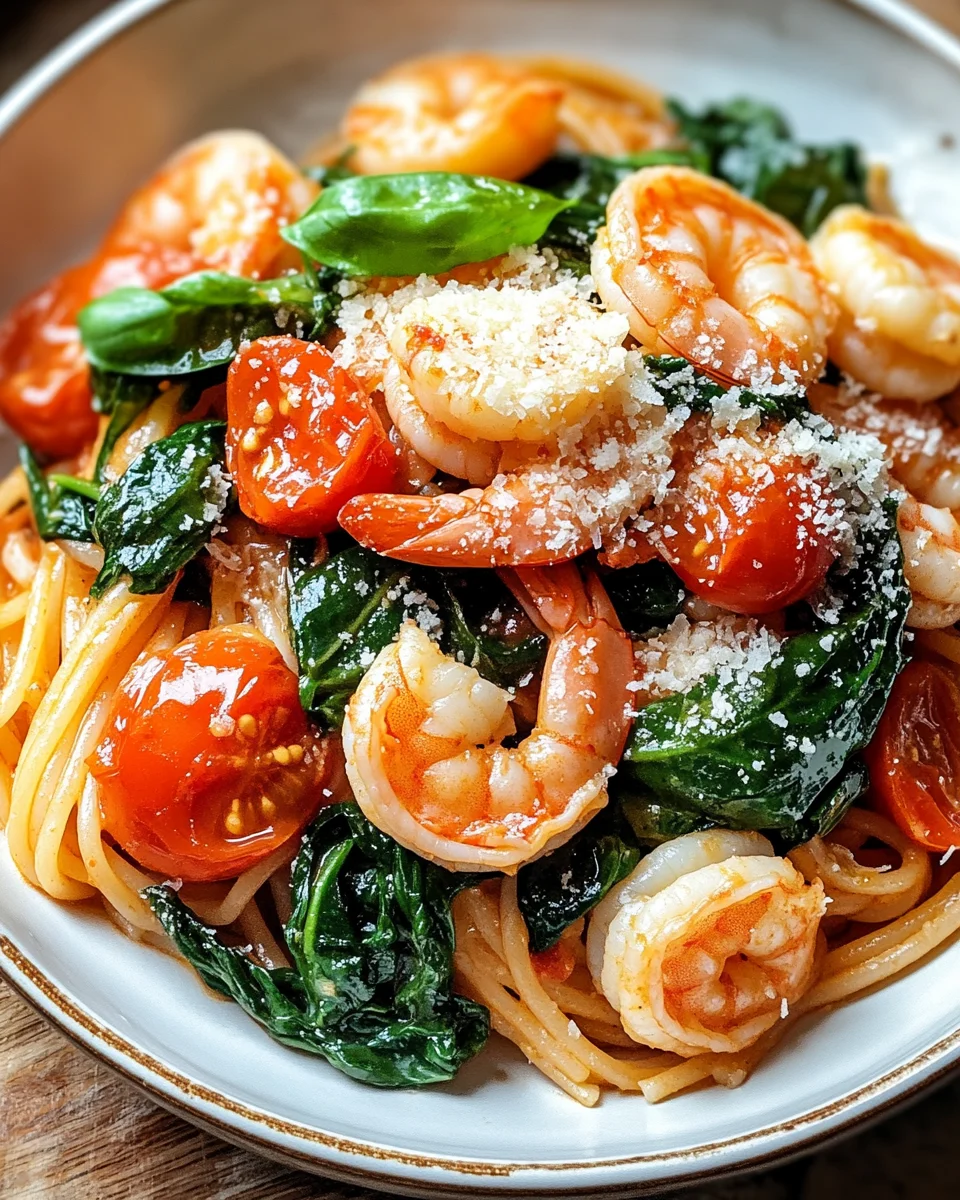 Tomate-Spinat-Garnelen-Nudeln