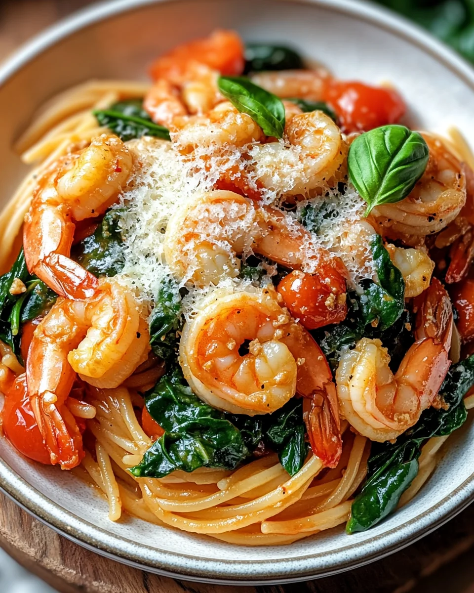 Tomate-Spinat-Garnelen-Nudeln
