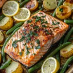 Einfaches Blechlachs Rezept mit gr&uuml;nen Bohnen und Kartoffeln