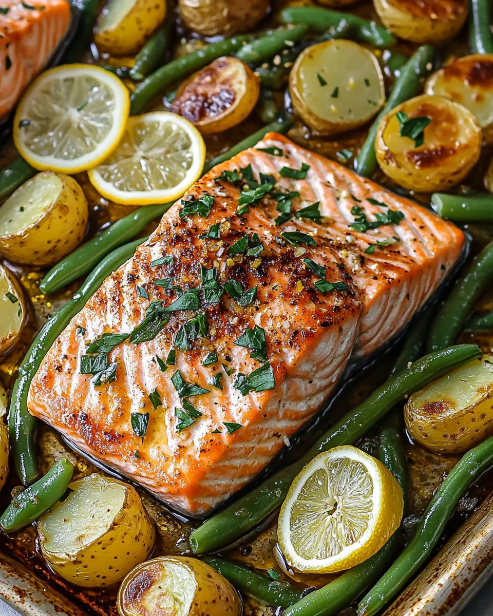 Einfaches Blechlachs Rezept mit gr&uuml;nen Bohnen und Kartoffeln