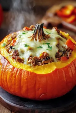 Gefüllter Kürbis mit Fleisch, Champignons, Paprika und Käse aus dem Ofen