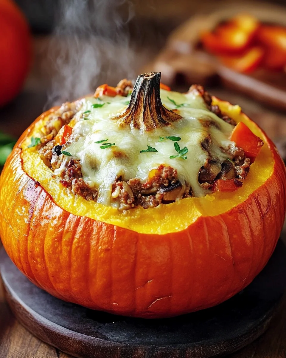 Gef&uuml;llter K&uuml;rbis mit Fleisch, Champignons, Paprika und K&auml;se aus dem Ofen