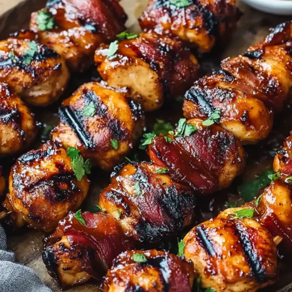 Gegrillte Honig-BBQ-Bacon-Hühnchen-Spieße einfach zubereiten