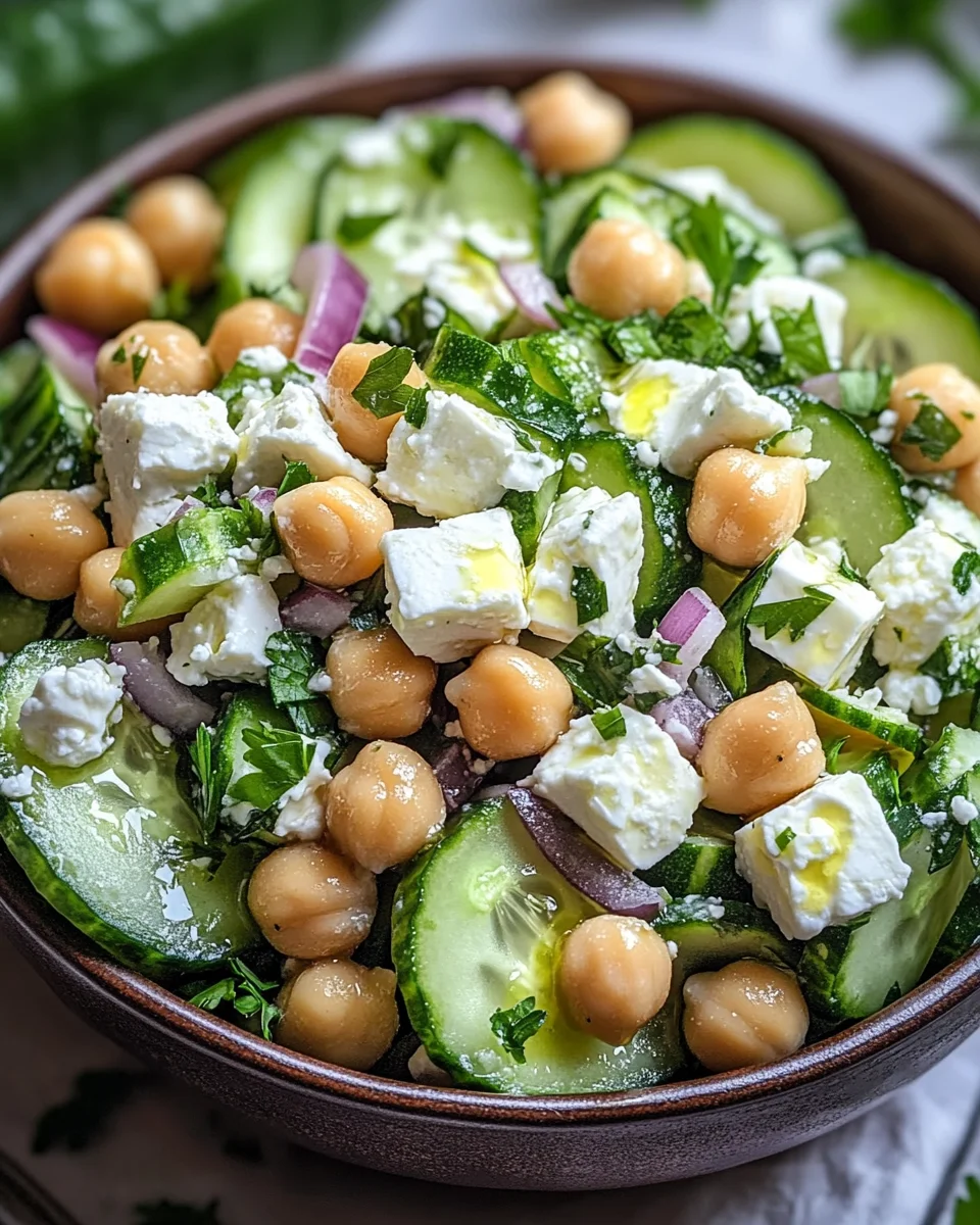 Gurkensalat mit Feta und Kichererbsen