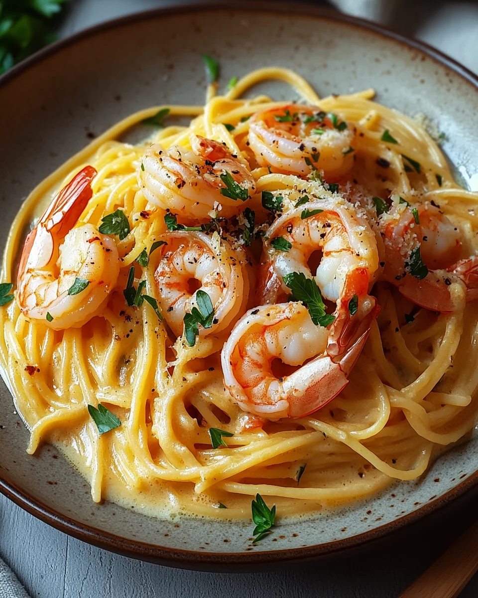 Spaghetti mit Garnelen in Knoblauch-Sahnesauce