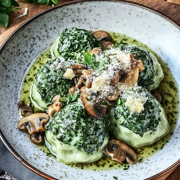 Spinat-Knödel mit Pilzragout