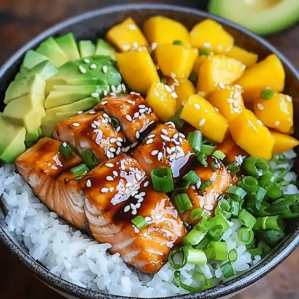 Teriyaki Lachs Reisschüssel mit Mango