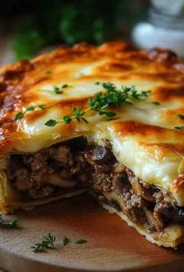 Torte mit Pilzen, Hackfleisch und Käse