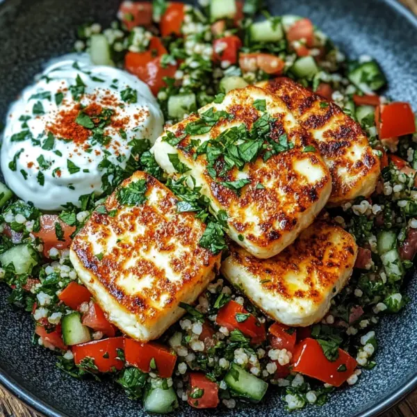 Würziger Halloumi mit Tabbouleh und Minzjoghurt