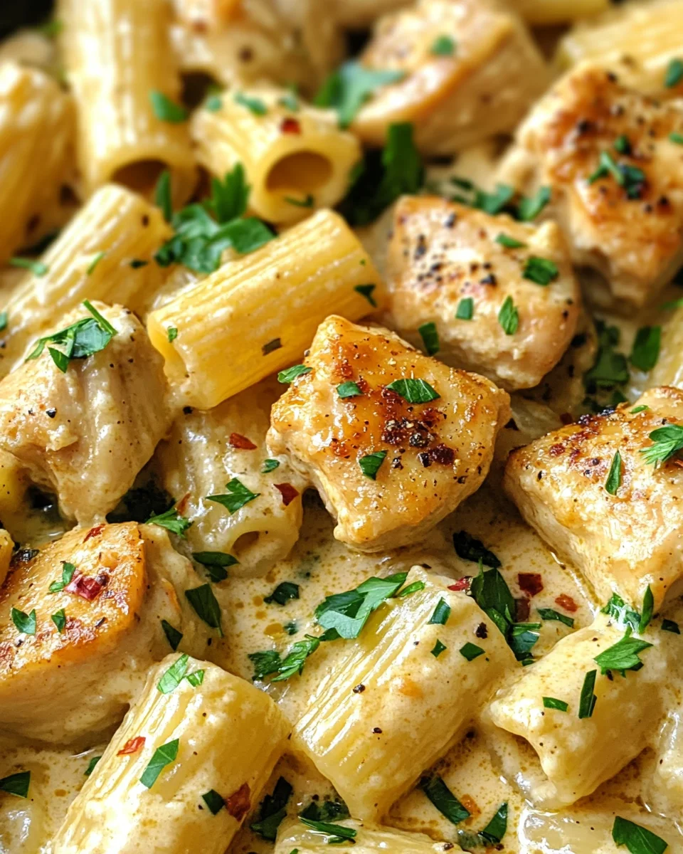 Cremiges Knoblauchbutter-Huhn und Rigatoni in Parmesan-So&szlig;e
