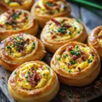 Fr&uuml;hst&uuml;cksrollen mit R&uuml;hrei, K&auml;se und Speck