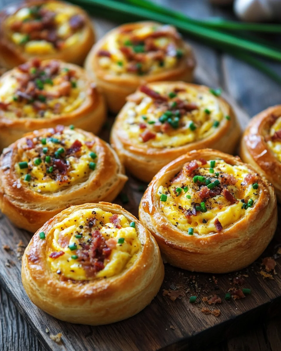 Fr&uuml;hst&uuml;cksrollen mit R&uuml;hrei, K&auml;se und Speck