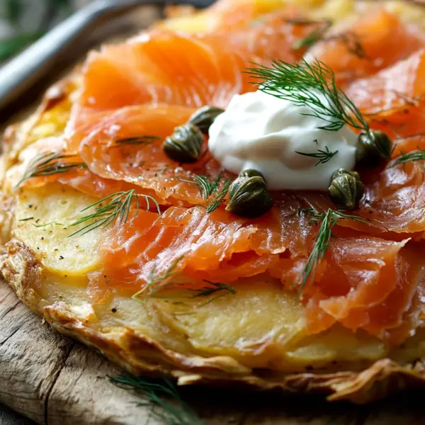 Knusprige Kartoffelgalette mit Räucherlachs und Crème Fraîche