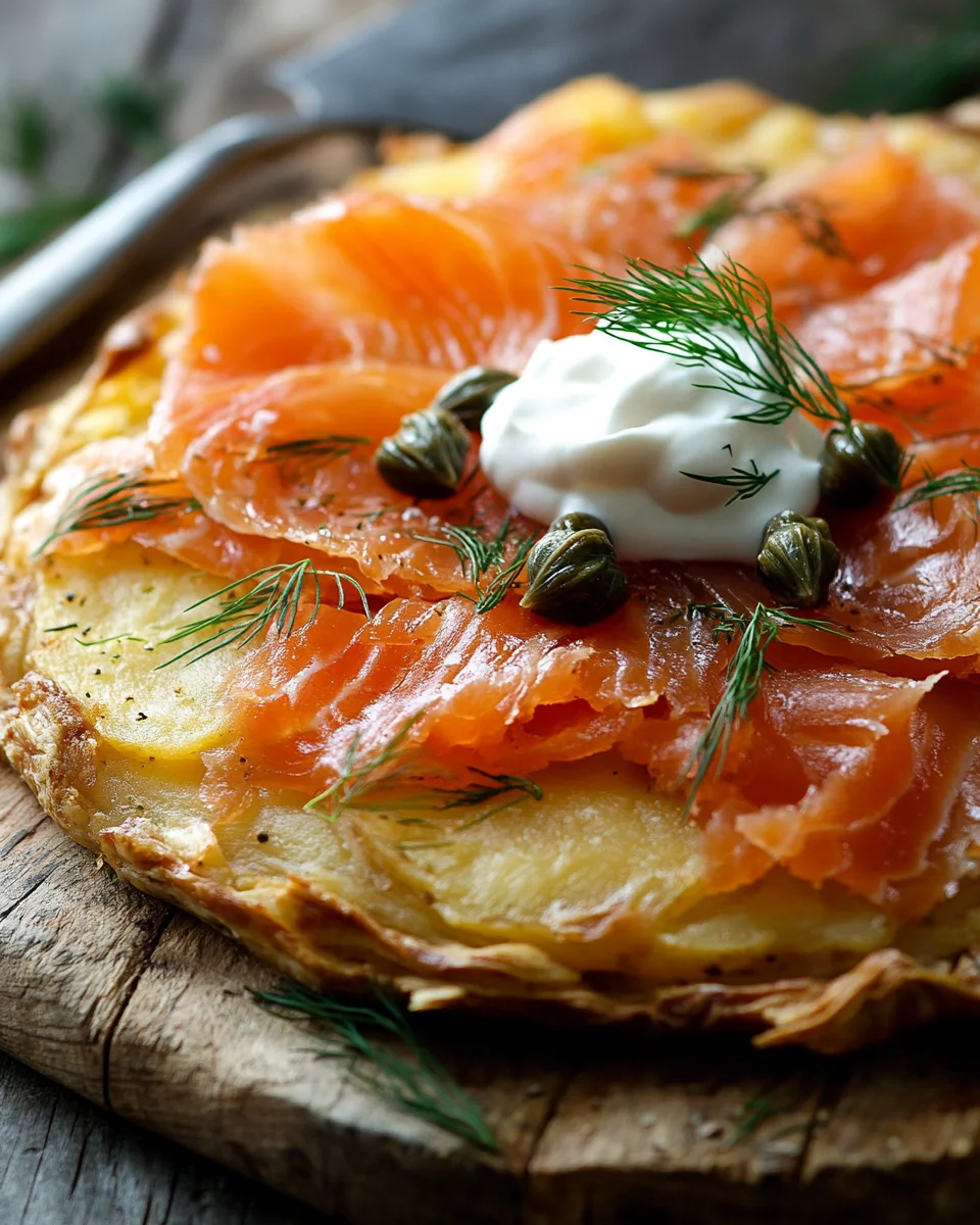 Knusprige Kartoffelgalette mit Räucherlachs und Crème Fraîche