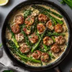 Spargelpfanne mit Frikadellen