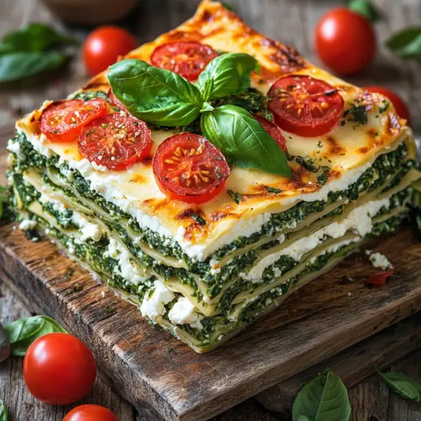 Spinatlasagne mit Feta und Tomaten